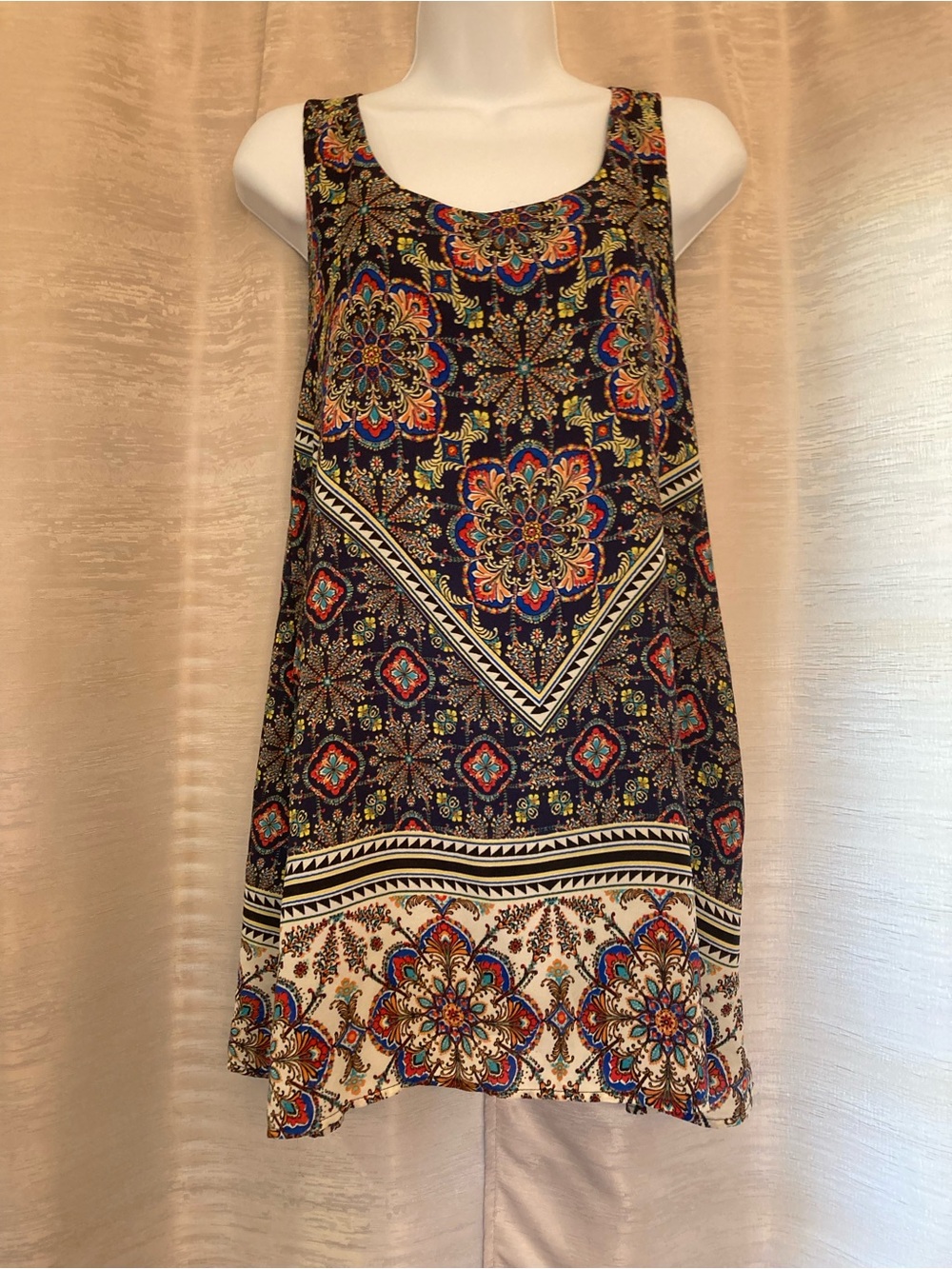 OOTD Sleeveless Boho Mosaic Print Shift Dress - Navy Multi-colored size Small